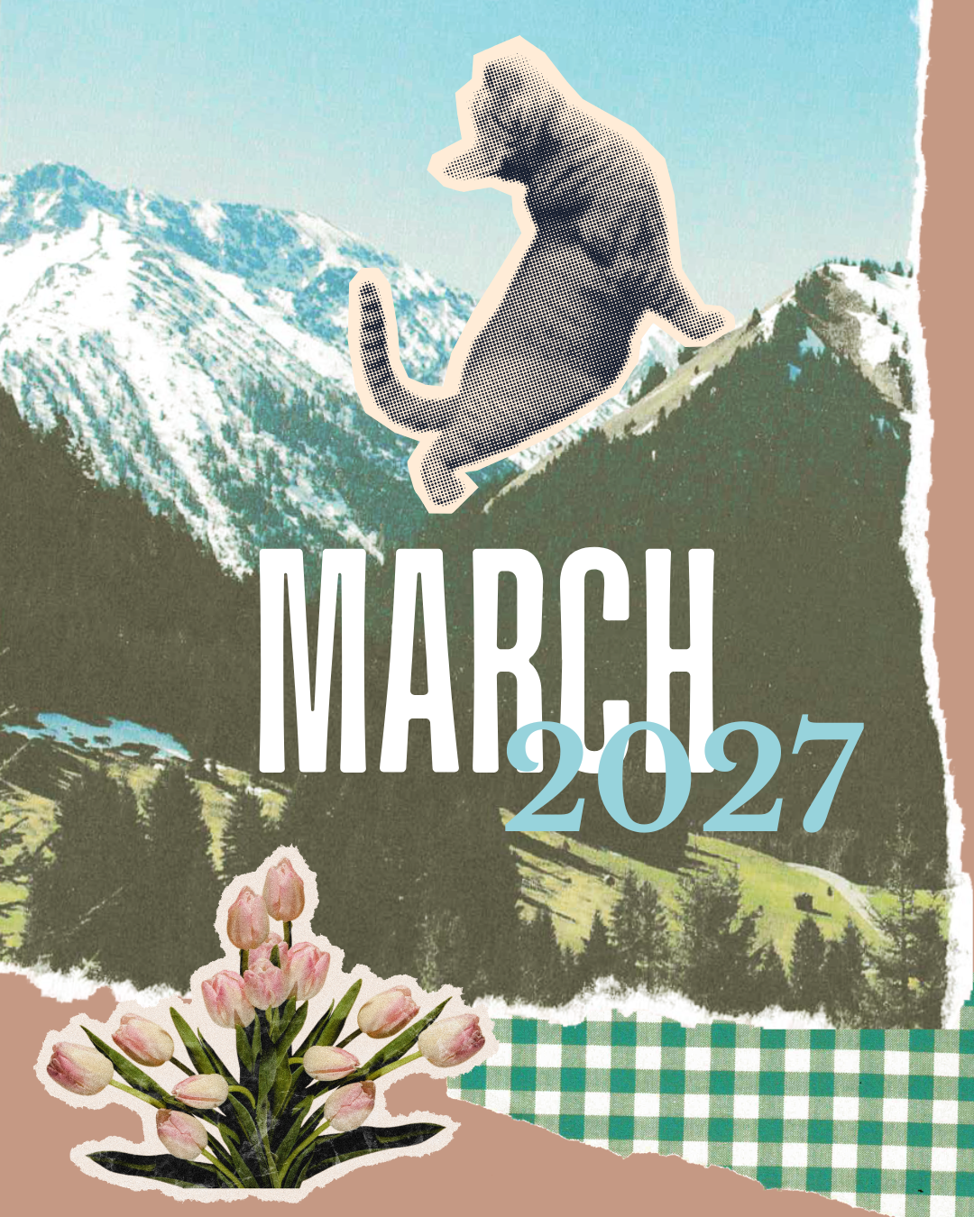 collage with a mountain back drop, a cat stretching on the mountains, and tulips