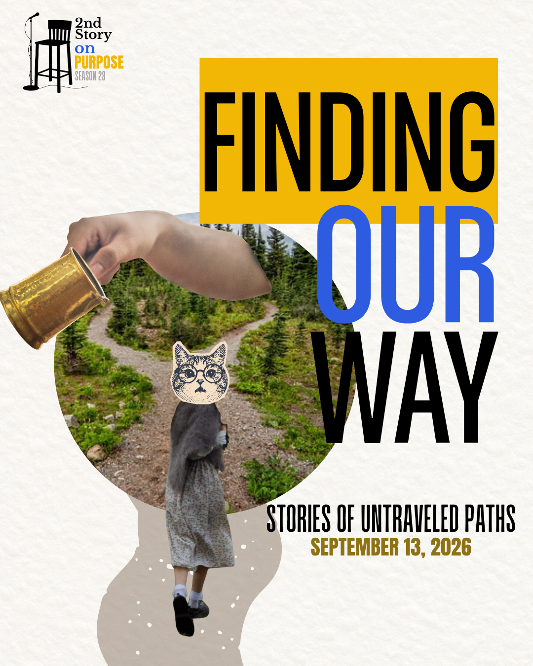 Collaged image of a black and white person walking into a colorful nature path. Person is turning back towards the viewer with a cartoon cat head with glasses. A large hand pouring a cup is at the top.