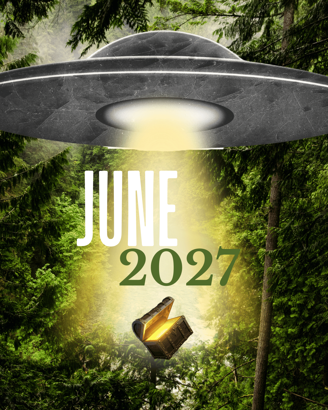 collage image contains; spaceship in wooded area with a treasure chest.