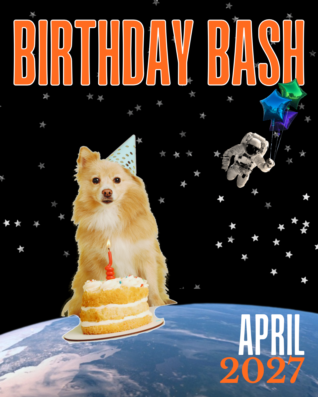 Collage image contains; small dog with a party hat, with a layer cake with a lit candle, on top of the earth with an astronaut holding star balloons in the background.