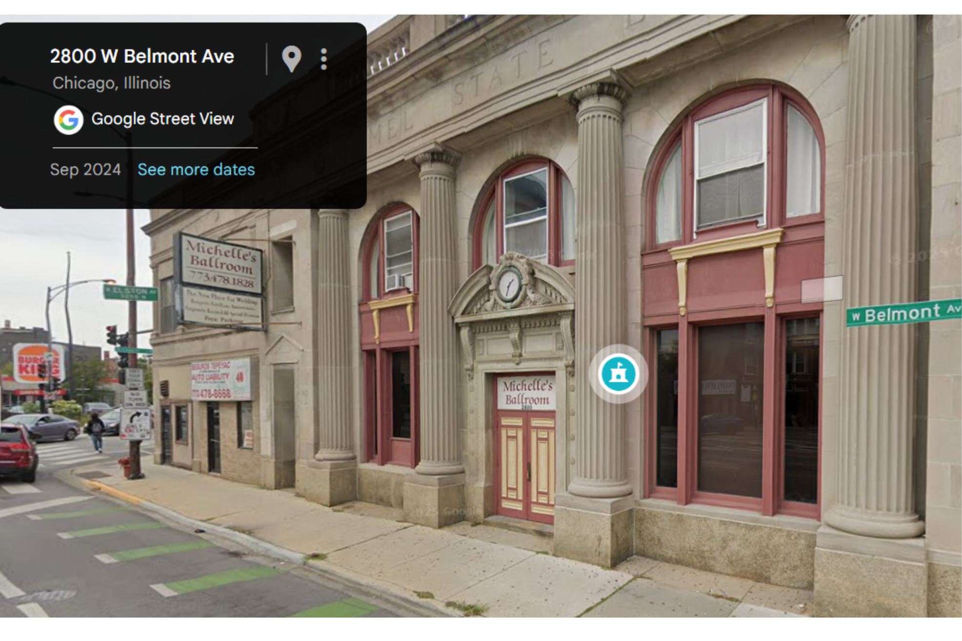 Entrance doors to Michelle's Ballroom are on Belmont Ave. There's a white sign with red text above the red and yellow doors that says "Michelle's Ballroom"