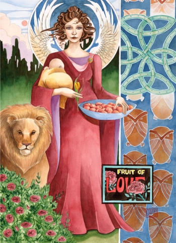 Fruit of Love” watercolor ©Sara Drescher This piece is part of the “Fruit of the Spirit” series. She carries a child to symbolize God’s parental love for us. The owls are symbols of wisdomand refer to the scripture: “Whoever is wise, let him heed these thingsand consider the great love of the LORD”. (Psalm 107:43) The unending Celtic knot symbolizes the eternal love of the Lord. For the LORD is good and his love endures forever; his faithfulness continues through all generations. (Psalm 100:5) The red roses in the label and in the rose bush are symbols of love as well as the tulip she hold in her hand. The pomegranates in the bowl she holds symbolize compassion and reference the scripture: “Praise the Lord who redeems your life from the pit and crowns you with love and compassion” (Psalm 103:2,4 ) The wings refer to the scripture: “How priceless is your unfailing love! Both high and low among men find refuge in the shadow of your wings. (Psalm 36:7) The lion is a symbol for Christ and the scripture: John 3:16