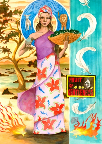 “Fruit of Gentleness” watercolor ©Sara Drescher In this piece, the “Fruit of Gentleness” is portrayed. At her feet, the fire turns away from her in reference to the scripture: “A gentle answer turns away wrath, but a harsh word stirs up anger.” (Proverbs 15:2) The hen caring for her chicks in the label refers to the scripture: “As apostles of Christ we could have been a burden to you, but we were gentle among you, like a mother caring for her little children.” (1 Thessalonians 2:7) The violets in her basket are symbols of humility and the lion and the lamb represent gentleness and strength. The feathers symbolize a gentleness that also allows birds to fly. The egg in her hand requires gentle handling because inside dwells a precious life. The land this fruit lives in is harsh, but it has life and her spirit is bright among the dryness. “Instead, it should be that of your inner self, the unfading beauty of a gentle and quiet spirit, which is of great worth in God’s sight.”(1 Peter 3:4)