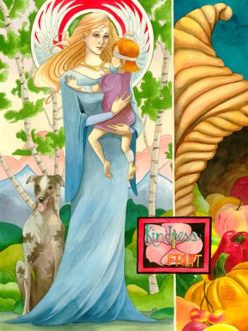 “Fruit of Kindness” watercolor ©Sara Drescher This painting is the “Fruit of Kindness” in the Fruit of the Spirit series. In this piece, Kindness is a woman holding an injured or sick child since we are called to be kind to those in need. Paul seemed to think it is the least we can do for children of God who are hurting. (Acts 4:9) The label has a mallow flower in it which represents healing. The wings in her halo reference the scripture: “Have mercy on me, O God, have mercy on me, for in you my soul takes refuge. I will take refuge in the shadow of your wings until the disaster has passed.” (Psalm 57:1) Greyhounds (dogs) symbolize faithfulness and how God has remained faithful in His kindness towards us. God’s provision is shown by the overflowing cornucopia on the right. “Yet he has not left himself without testimony: He has shown kindness by giving you rain from heaven and crops in their seasons; he provides you with plenty of food and fills your hearts with joy.” (Acts 14:17) Trees are symbols of Christ.