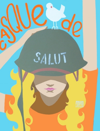 “Helmet of Salvation” ©Sara Drescher acrylic-private collection “Take the helmet of salvation and the sword of the Spirit…” v.17 This piece’s style was heavily influenced by poster images from the 1970s. The woman has the helmet on and secures it with her hand. Her other hand is raised in worship to God. A dove perches on her head as a symbol of the Holy Spirit and of peace. The helmet of salvation protects your mind(head). It is so important not to let renegade emotions, the voice of the world, and the accusations of Satan run our minds. We are strive to have the mind of Christ and we can have a mind of peace and love for others through His salvation. The French translates “Helmet of Salvation.”