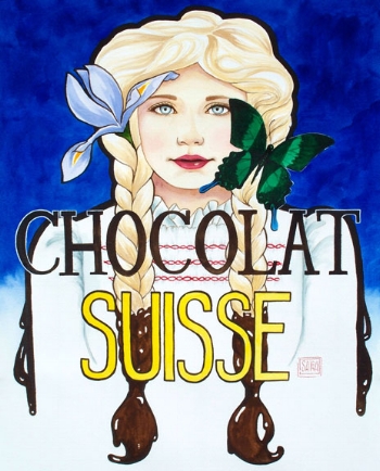 “Swiss” watercolor ©Sara Drescher In this piece, the iris symbolizes hope. The butterfly is a symbolof the resurrection and renewal. Her braids become a symbol of theTrinity since three sections are interwoven.