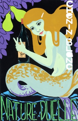 “Mermaid” acrylic ©Sara Drescher In this piece, the mermaid represents the dual nature of Christ. Just as He is man and God, she is human and animal. The pears represent the incarnation of Christ. The wine is a symbol of Christ and she is supported by the Rock. In French, the title reads “Dual Nature.”