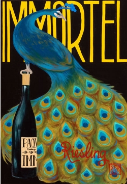 “Peacock” acrylic ©Sara Drescher In this piece, the wine is a symbol for Christ and the peacock is a symbol for immortality.The title in French says, “Immortal.”According to Medieval tradition, the flesh of a peacock would not decompose, so peacocks came to symbolize immortality.