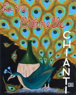 “Peacock No. 2” acrylic ©Sara Drescher In this piece the wine is a symbol of Christ and the peacock is a symbol of immortality. In the middle Ages, people believed that the flesh of a peacock would not decompose, so this bird became a symbol of eternal life. In French, the title says, “Eternal Life.”