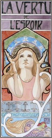 “Hope” watercolor ©Sara Drescher The Virtue of Hope traditionally has her hands raised to heaven and has wings. Her patron saint is St. James, symbolized by the shells in her halo. The iris symbolizes a message of hope. The anchor is Christ who is the author of our hope, and the cornucopia symbolizes the manifestation of what we hope for.