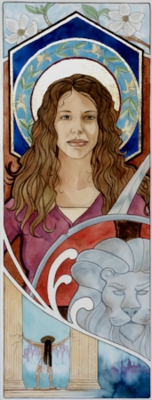 “Fortitude” watercolor ©Sara Drescher The dogwood represents endurance. The honeysuckle in her halo signifies steadfastness. Fortitude carries a sword and shield. The lion is also one of her attributes. Samson is Fortitude’s “patron saint.”