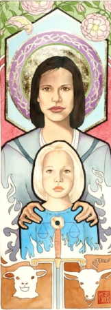 “Justice” watercolor ©Sara Drescher The roses and the crown of thorns are symbols of Christ and are included in the piece because love and judgment must be balanced for there to be true justice. The child is the one who is protected by Justice. The sword is the Sword of Spiritual Justice. Goats and sheep hearken back to Judgment Day and the separation of the faithful from the faithless. Scales on the child’s shirt also symbolize justice.