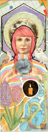 “Prudence” watercolor ©Sara Drescher Prudence is wisdom and practicality. The game board represents making good choices in life. The lily of the valley in her halo is symbolic of the same.The dove is symbolic of innocence as the snake represents shrewdness. Owls are traditional symbols of wisdom. The candle also represents light and wisdom. Hyacinth symbolizes prudence as well. The mirror is Prudence’s traditional attribute.