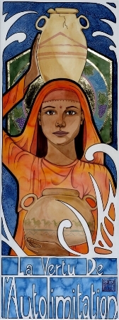 “Temperance” watercolor ©Sara Drescher Temperance is moderation and self-restraint. Traditionally she is shown holding a sword and a vase or two vases. Sometimes the vases translate to two vessels, one with wine and one with water, to show how she mixes the two to control herself. The grapes and the water in her halo reference this aspect. I think these symbols can refer to Jesus’ miracle of the wine to water and Paul’s teaching to Timothy to mix water with his wine for his stomach. The camels, on one of the vessels, are also a symbol of Temperance because of the idea that a camel does not need much to drink.