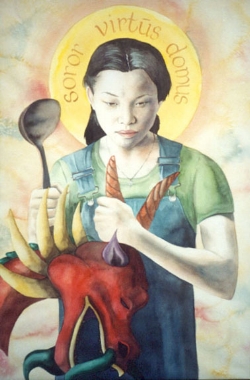 “St. Martha” watercolor ©Sara Drescher-private collection This is the sister of Mary and Lazarus who was the fussy housekeeper. Her attribute is the ladle for her work in the kitchen. Also, church history has her traveling to France to kill a dragon with her siblings. Her halo reads: “Sister, Virtue and Home.”