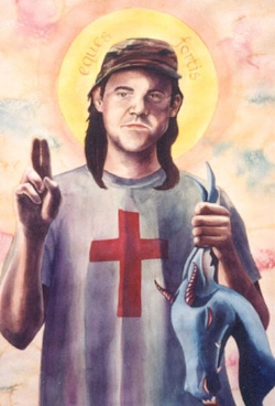 “St. George & the Dragon” watercolor ©Sara Drescher-private collection St. George is the legendary dragon-killer. He used the sign of the cross and his sword to vanquish dragons. He is often portrayed as a dashing and handsome knight. This rendering shows him as an ordinary man to show that we all have a dragon-killer within us. His halo reads: “Brave Knight.”