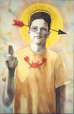 “St. Sebastian” watercolor ©Sara Drescher Tradition has this youth portrayed tied to a tree and shot with arrows. This is a more comedic rendition. His halo reads: “Death Conqueror.”