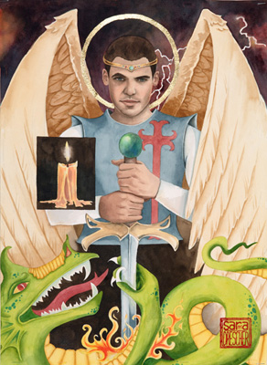 “Michael” watercolor ©Sara Drescher Michael’s name means “Like unto God.” The lightening is a symbol ofpower and of God. Michael is the warrior angel who battles Satan. He isfrequently portrayed slaying a dragon, the symbol of Satan. He wears acrown and armor. The candle is a symbol of wisdom, power and God.