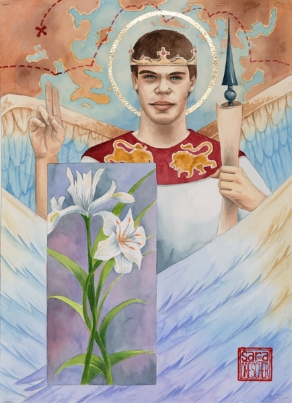 "Gabriel” watercolor ©Sara Drescher Gabriel’s name means “God is my strength.” This a symbol of strength, courage and Christ. He wears a crown and is alwaysportrayed with multicolored wings. He is a messenger of God and the iris is a symbol for a message of hope. The lily is a symbol of purity andof Mary, Christ’s mother. He announced the conception of Christ to Mary. He also frequently carries a scroll for his messages. This particularLion on his tunic is a symbol of strength, courage and Christ. He wears a crown and is always portrayed with multicolored wings. He is amessenger of God and the iris is a symbol for a message of hope. Thelily is a symbol of purity and of Mary, Christ’s mother. He announcedthe conception of Christ to Mary. He also frequently carries a scrollfor his messages. This particular scroll is also a weapon as the Wordarms us as well. The map above his head represents that he is amessenger of God and is frequently sent to deliver messages all over the world, according to scripture.