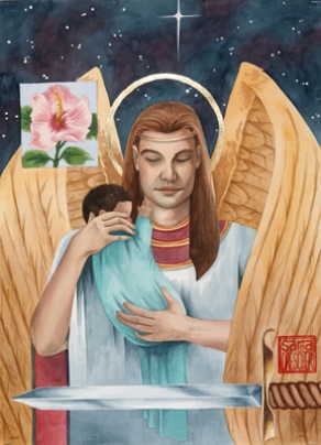 “Raphael” watercolor ©Sara Drescher Raphael’s name means “Medicine of God.” The mallow flower is a symbol of healing and forgiveness. He is a healer and protects the young andthe innocent. Traditionally, he is the angel who announced Christ’sbirth to the shepherds. He can also carry a sword.