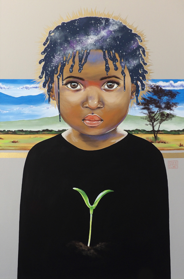  The “Seed Series” represents the hope and potential inside people despite their circumstances. Poverty and abandonment is an invisible famine that can kill families, cultures, and society. God sees the seed of potential in all of us and uses us to help those that need a beacon of hope to escape the cycle of despair. In this piece, the landscape behind the child is indicative of where this child is from.