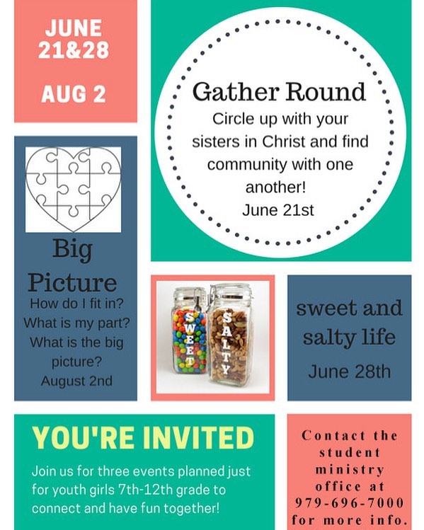 Hey ladies! We have an event specially for all of y’all! Join them at 6pm tonight. Contact the student ministry office for more information.