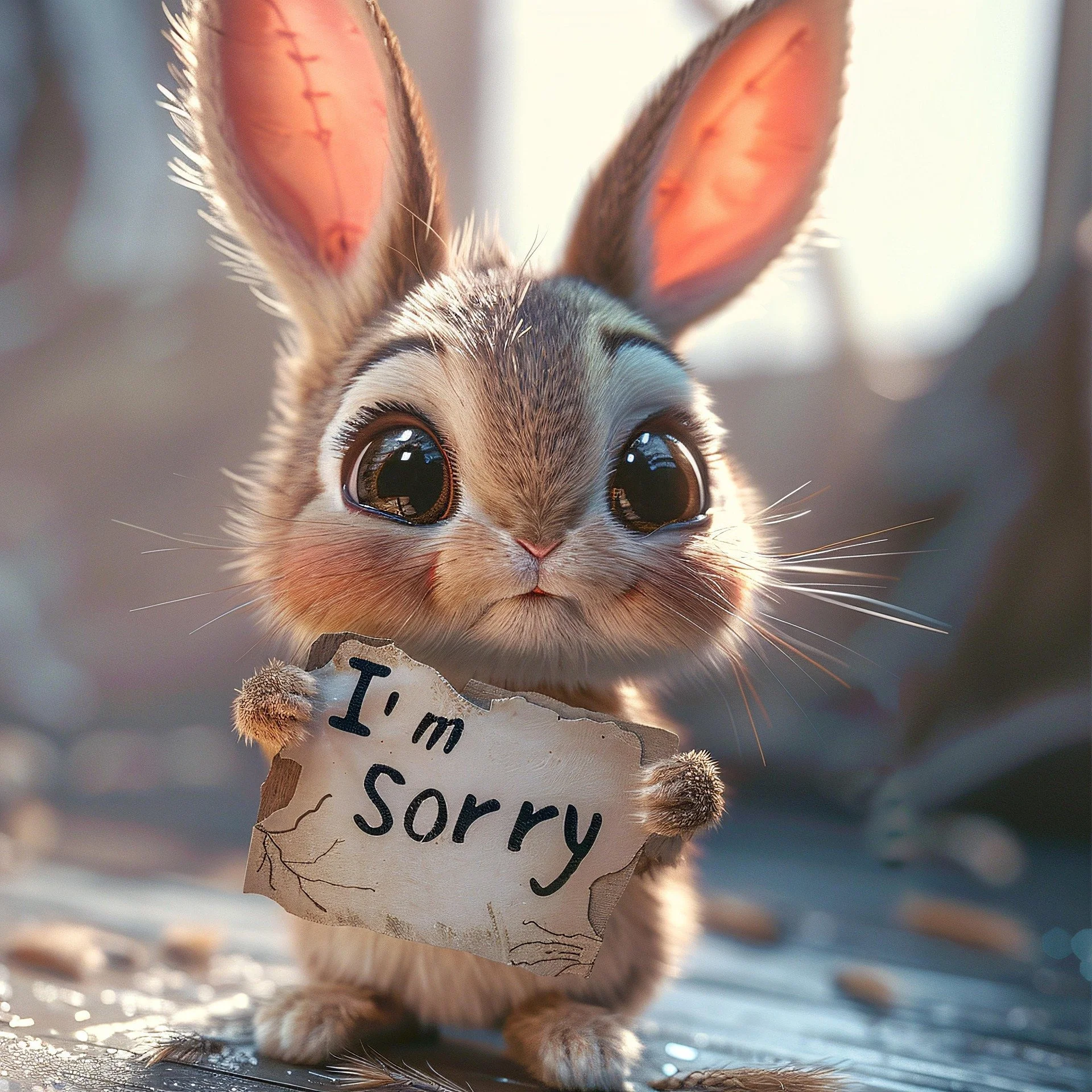 An AI-generated illustration of a wide-eyed bunny holding a torn piece of paper that reads "I'm Sorry."
