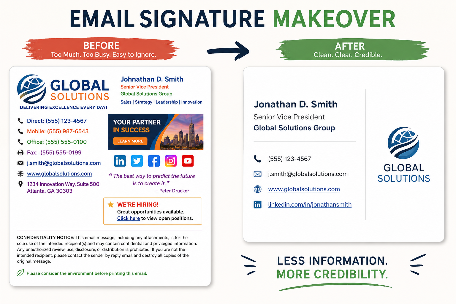 Before-and-after comparison of an email signature showing a cluttered, outdated design transformed into a clean, professional signature with the caption, "Less Information. More Credibility."