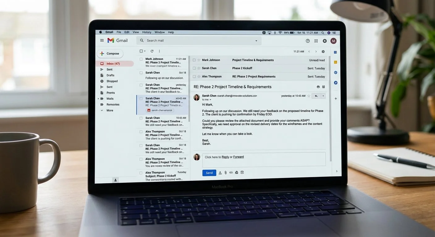 A laptop screen displaying an open, unanswered email thread about a project timeline.