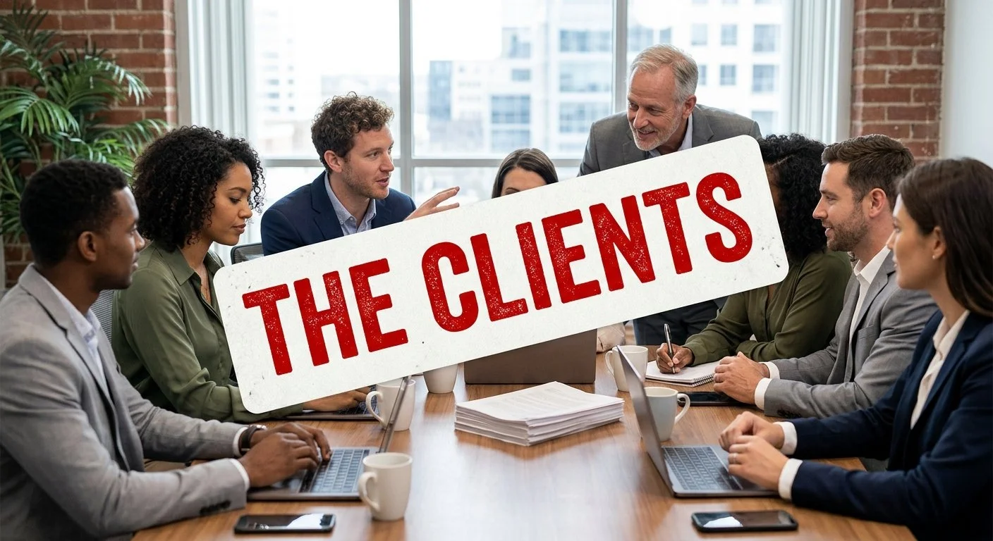 A corporate team meets around a conference table while a large white label reading “THE CLIENTS” in red ink is stamped across the center of the image.