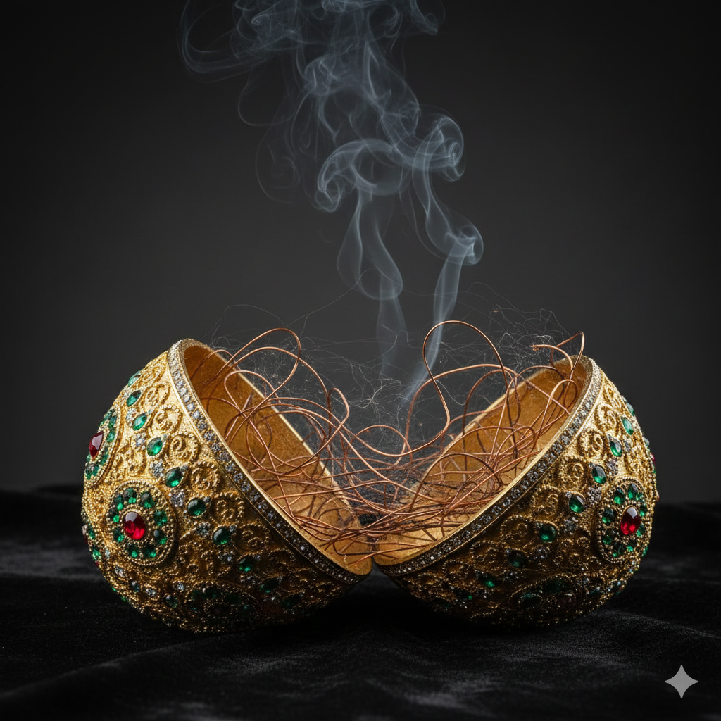 An ornate gold egg split into half, decorated with red and green gems, with thin copper wires spill from the center and wisps of smoke rise into a black background.