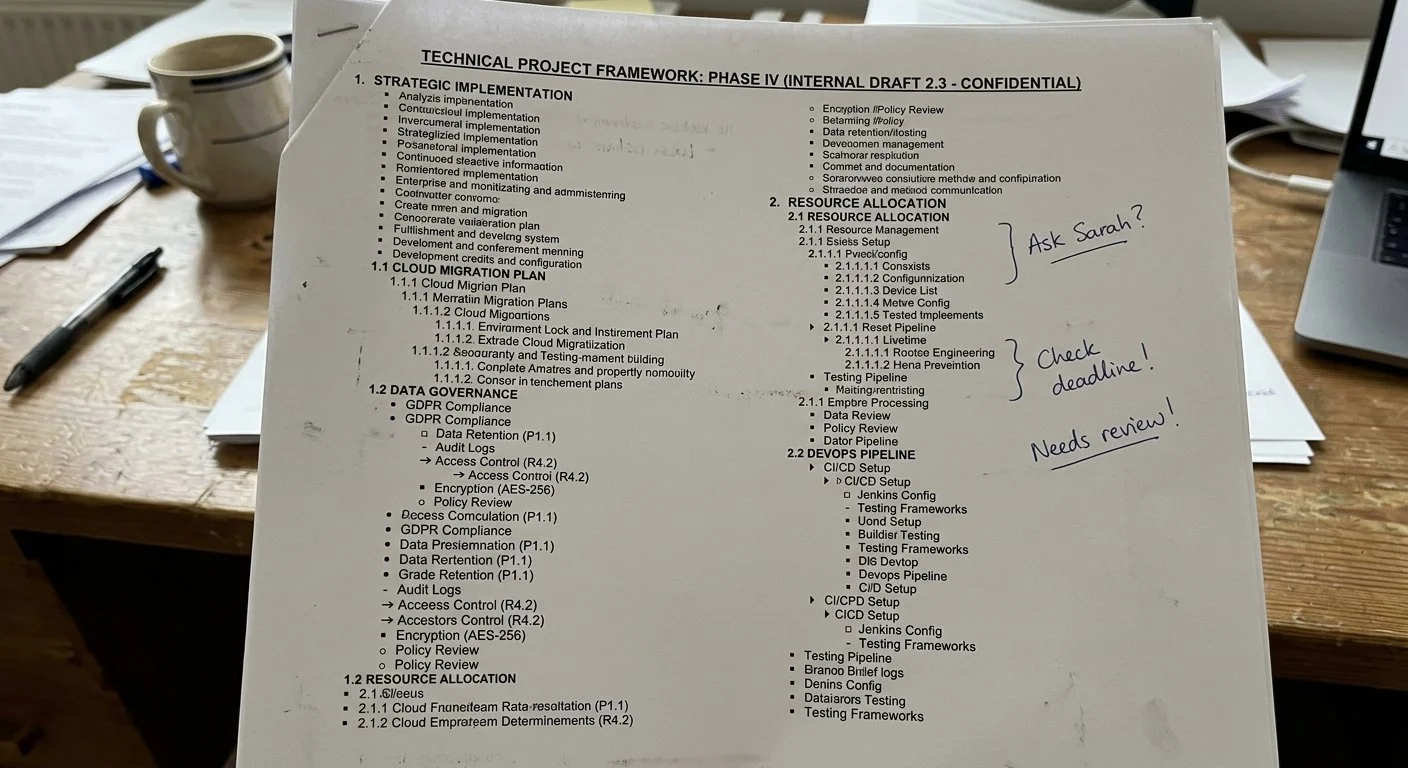 A printed document covered in deeply nested bullet points and sub-lists, with handwritten notes in the margins reading "Ask Sarah?", "Check deadline!" and "Needs review!"