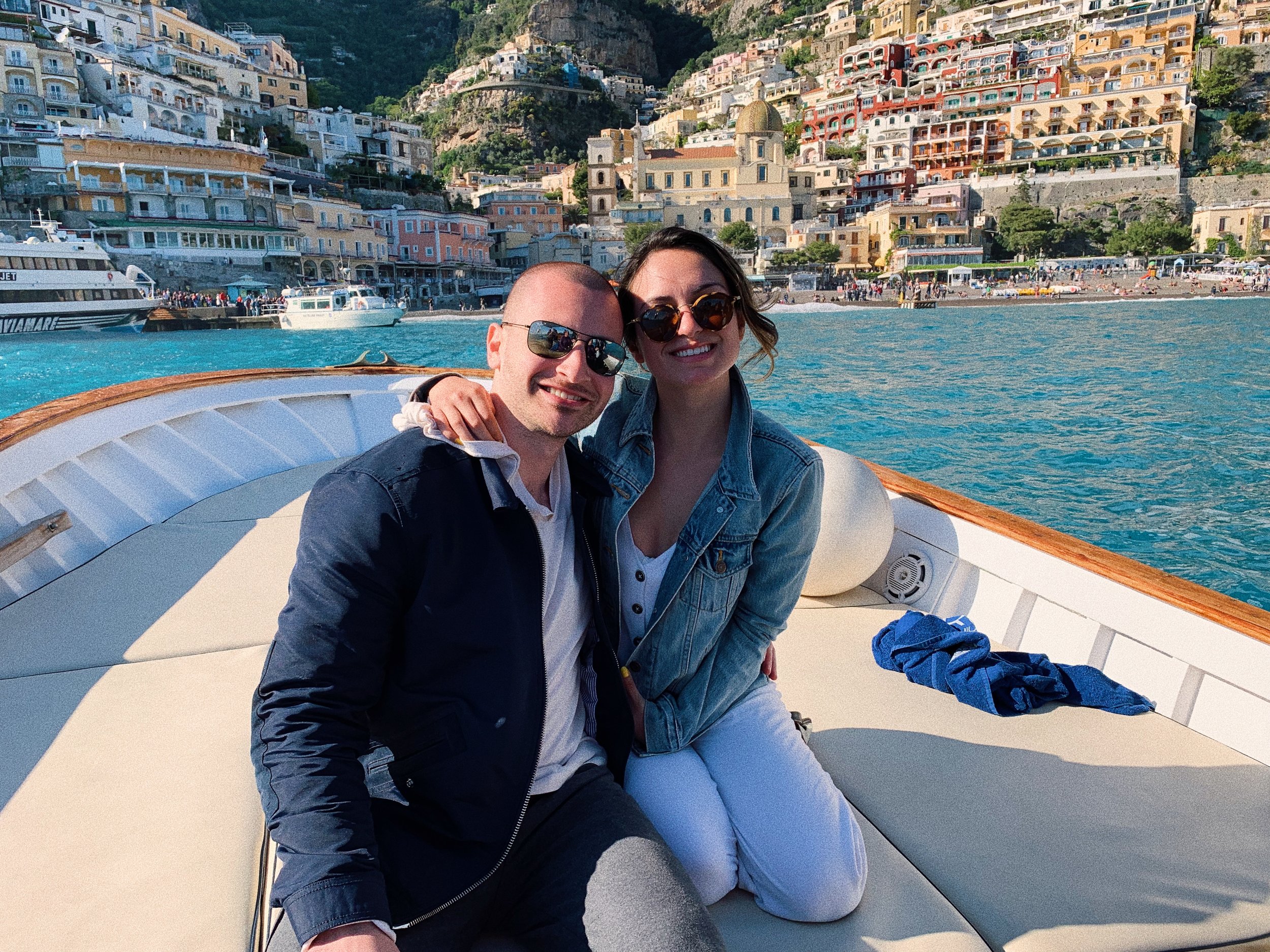 View of Positano with Positano Boats.