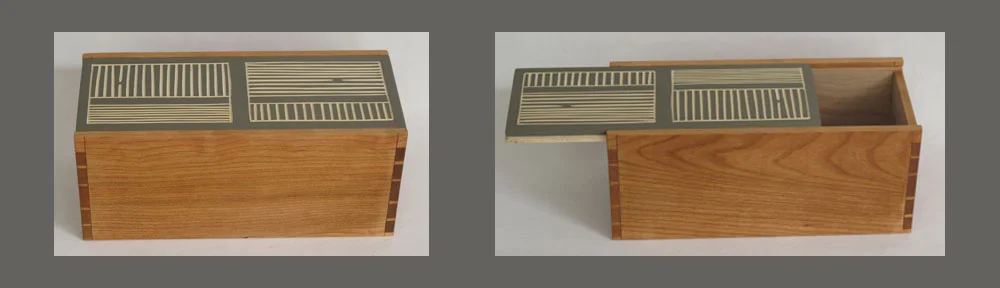 Two-way cherry sliding lid box with carved and painted basswood lid