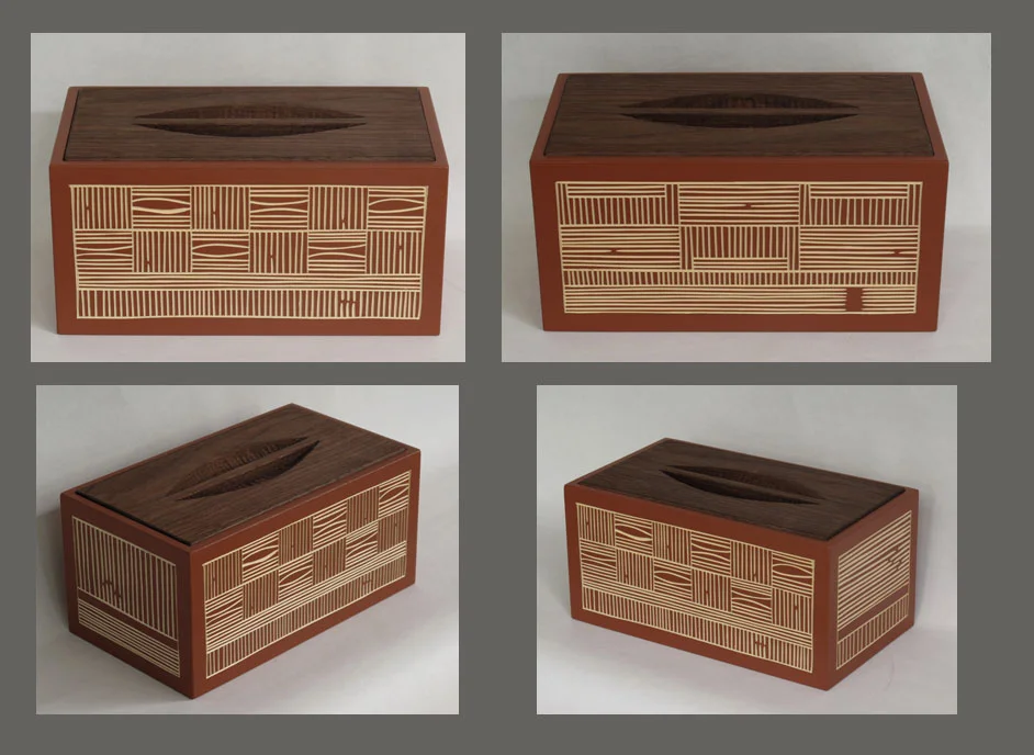 Painted basswood box with walnut drop-in lid, carved handle, and gouge-drawn texture carving