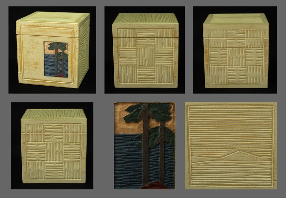 Basswood sawn-lid cube with texture and low-relief carving, painted with milk paint