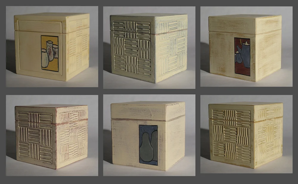 Six basswood carved sawn-lid cubes, painted with milk paint