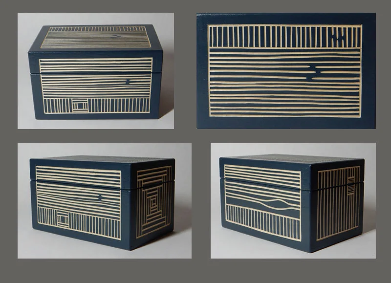 Small painted basswood sawn-lid box, with gouge-drawn texture