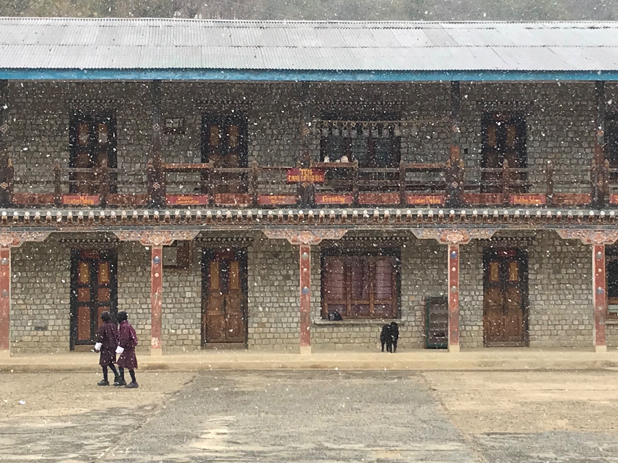 The snow begins to pick up as we are leaving the school.