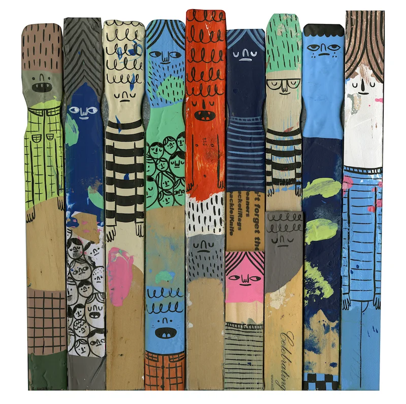 PAINT STIR PEOPLE #3 GLASSES acrylic, ink, and latex on wood, 10 x 11 inches