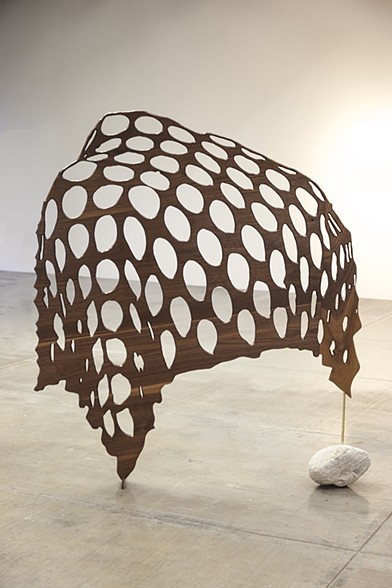 untitled (walnut screen 4), 2018, wood, brass, rock