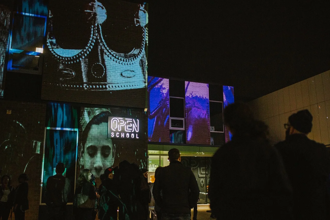 Sarah Turner, Nanda D'Agostino, and Hilary Tsai collaboration with Open School North, NEO | MYTHOS, 2019, Outdoor mapping projections