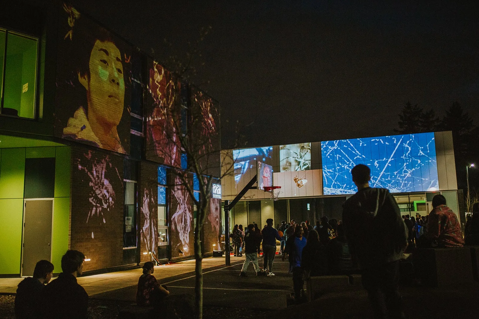 Sarah Turner, Nanda D'Agostino, and Hilary Tsai collaboration with Open School North, NEO | MYTHOS, 2019, Outdoor mapping projections