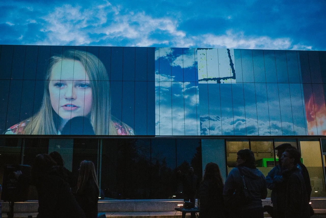 Sarah Turner, Nanda D'Agostino, and Hilary Tsai collaboration with Open School North, NEO | MYTHOS, 2019, Outdoor mapping projections
