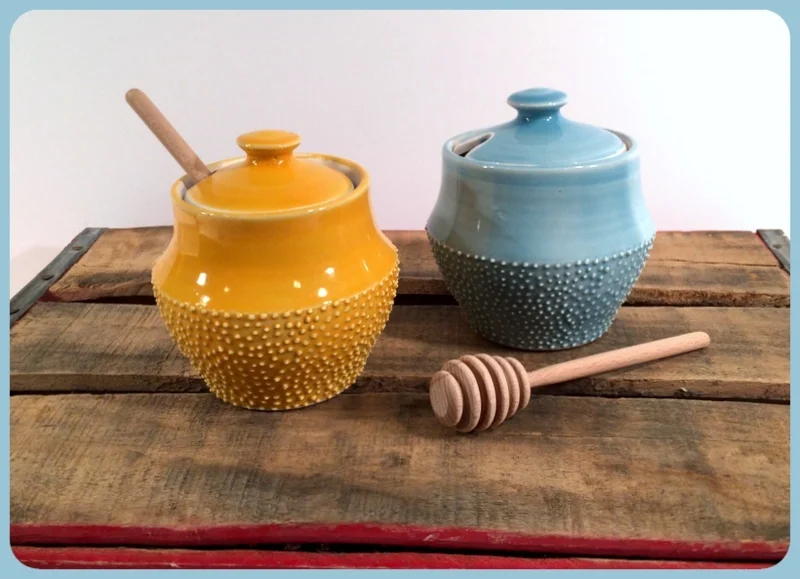 Emily Murphy Pottery porcelain honey pots with dots.JPG