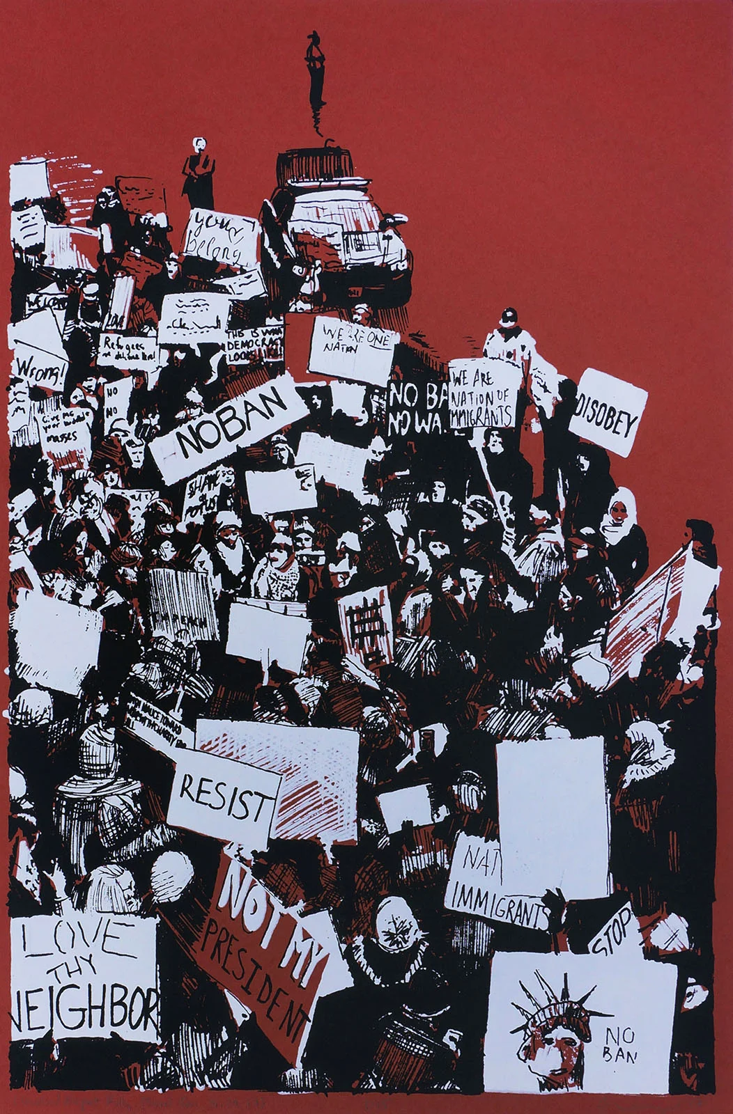 'Airport Rally (Travel Ban, 01.29.17)', 12.5''x19'' Screen Print on Brick Red, 2017