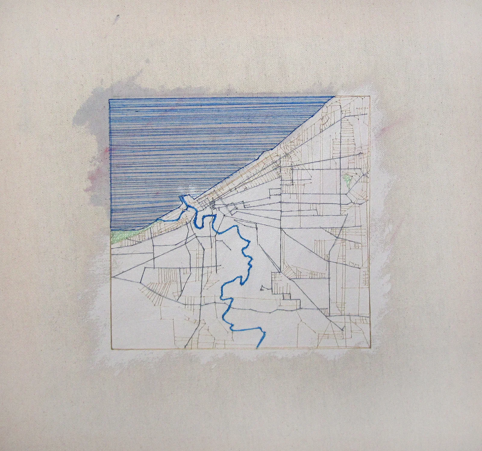 'Cleveland (Stitched)', Mixed Media (Gesso, Pigment, Thread on Stretched Canvas), 16'' x 16'', 2011