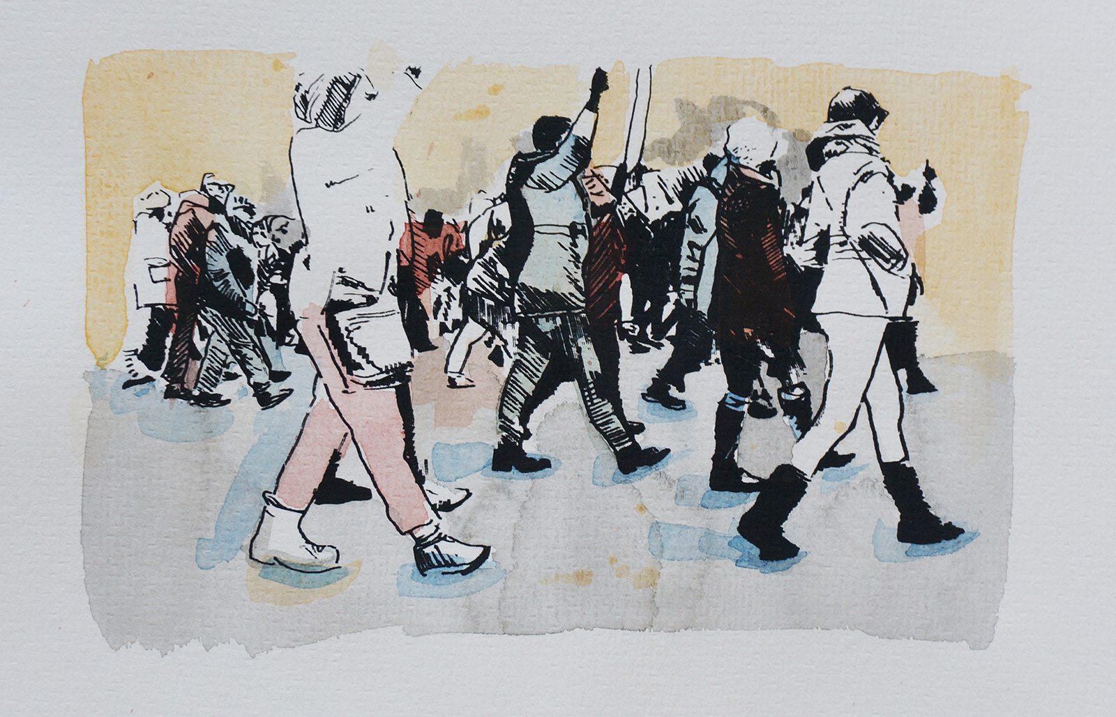 Ape_Bleakney_March Mixed Media - 'Marchers (3)', 6.5''x9.5'', Screen Print + Watercolor, 2018 copy.jpg