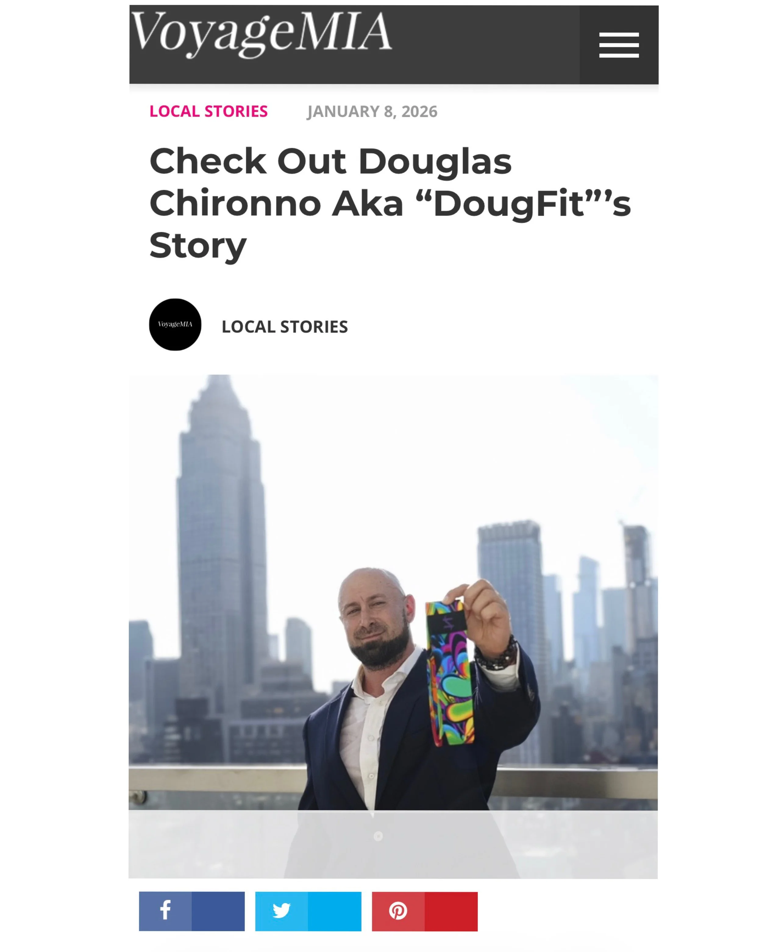 Douglas Chironno, NYC personal trainer and founder of DougFit, featured in VoyageMIA holding a Haut-Ties wearable resistance band with the Manhattan skyline behind him