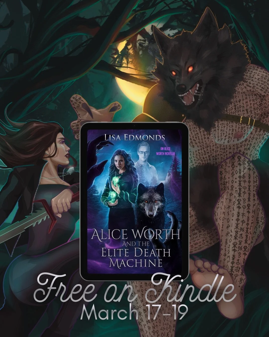 Alice and her allies face an ancient and dangerous foe to protect an innocent child in Alice Worth and the Elite Death Machine.

Malcolm came up with the title, okay? Don&rsquo;t blame me. Ghosts have a weird sense of humor.

Art by the one and only 